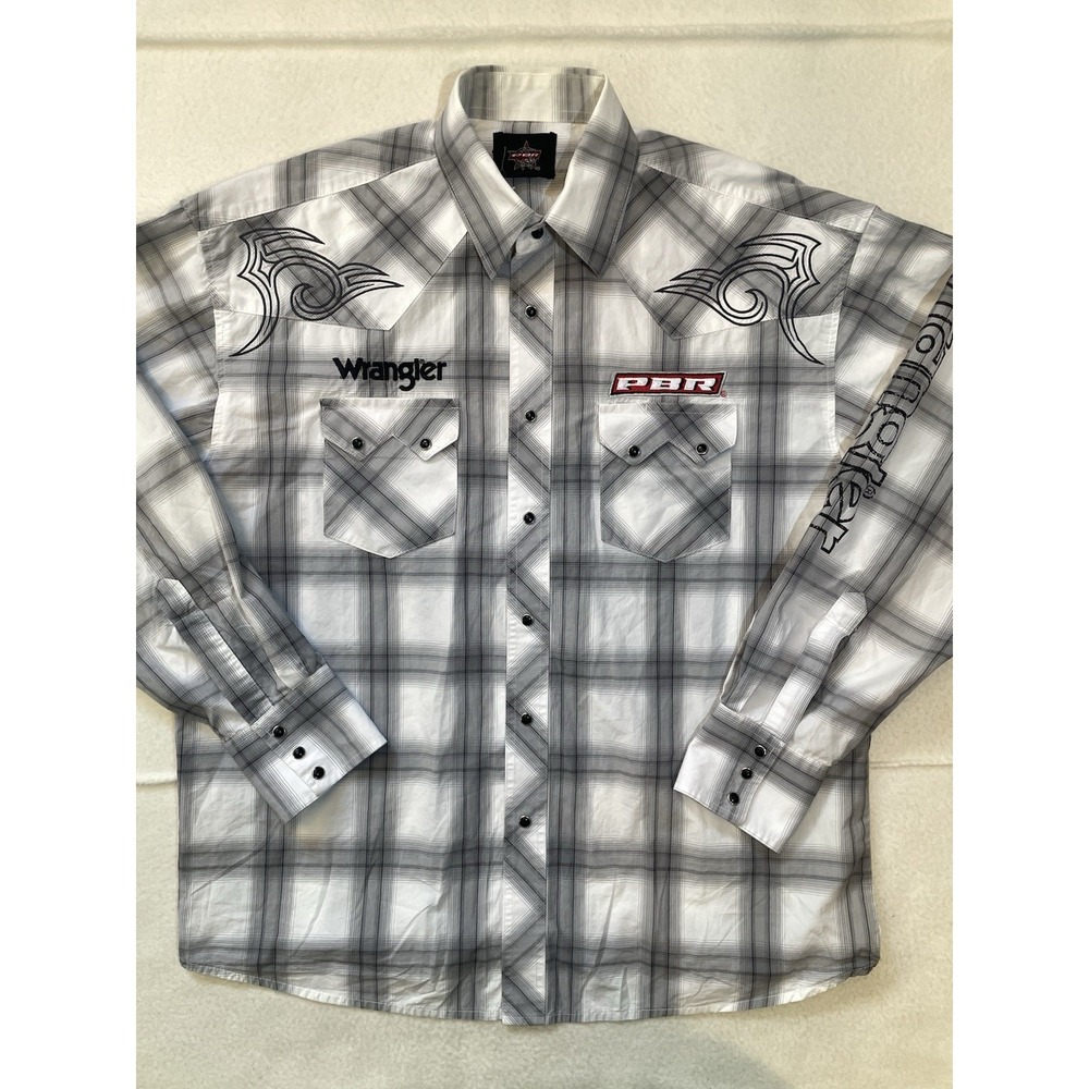 Wrangler PBR Pearl Snap Shirt Mens Size L XL Western‎ Rodeo Cowboy Plaid Black